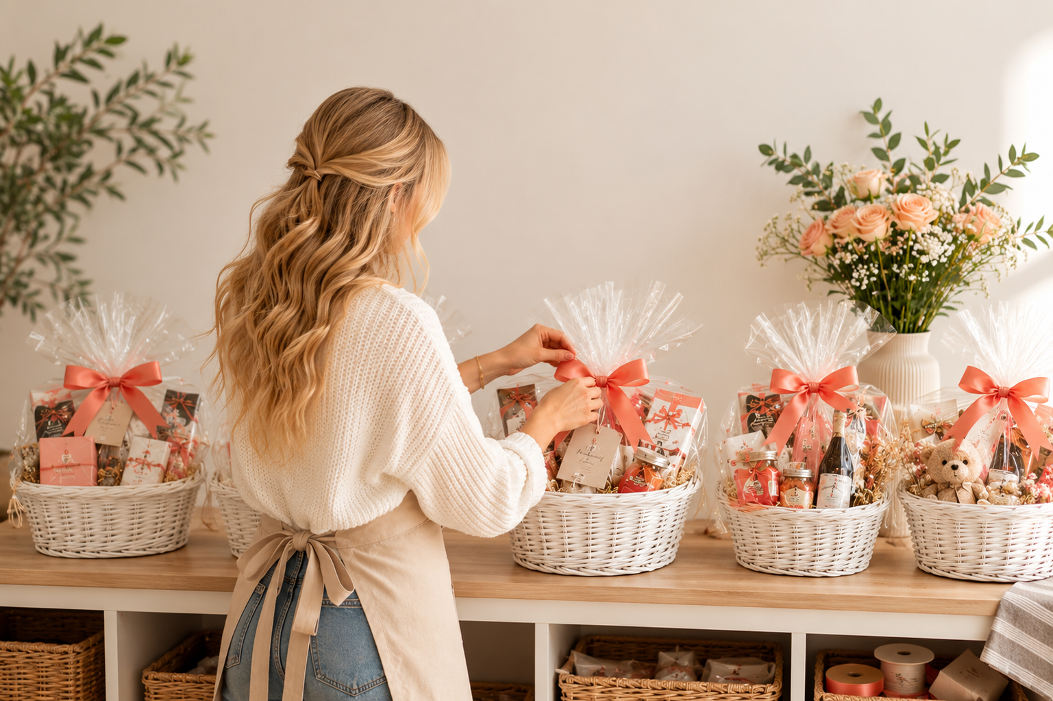 Woman arranging gift baskets in a warm workshop