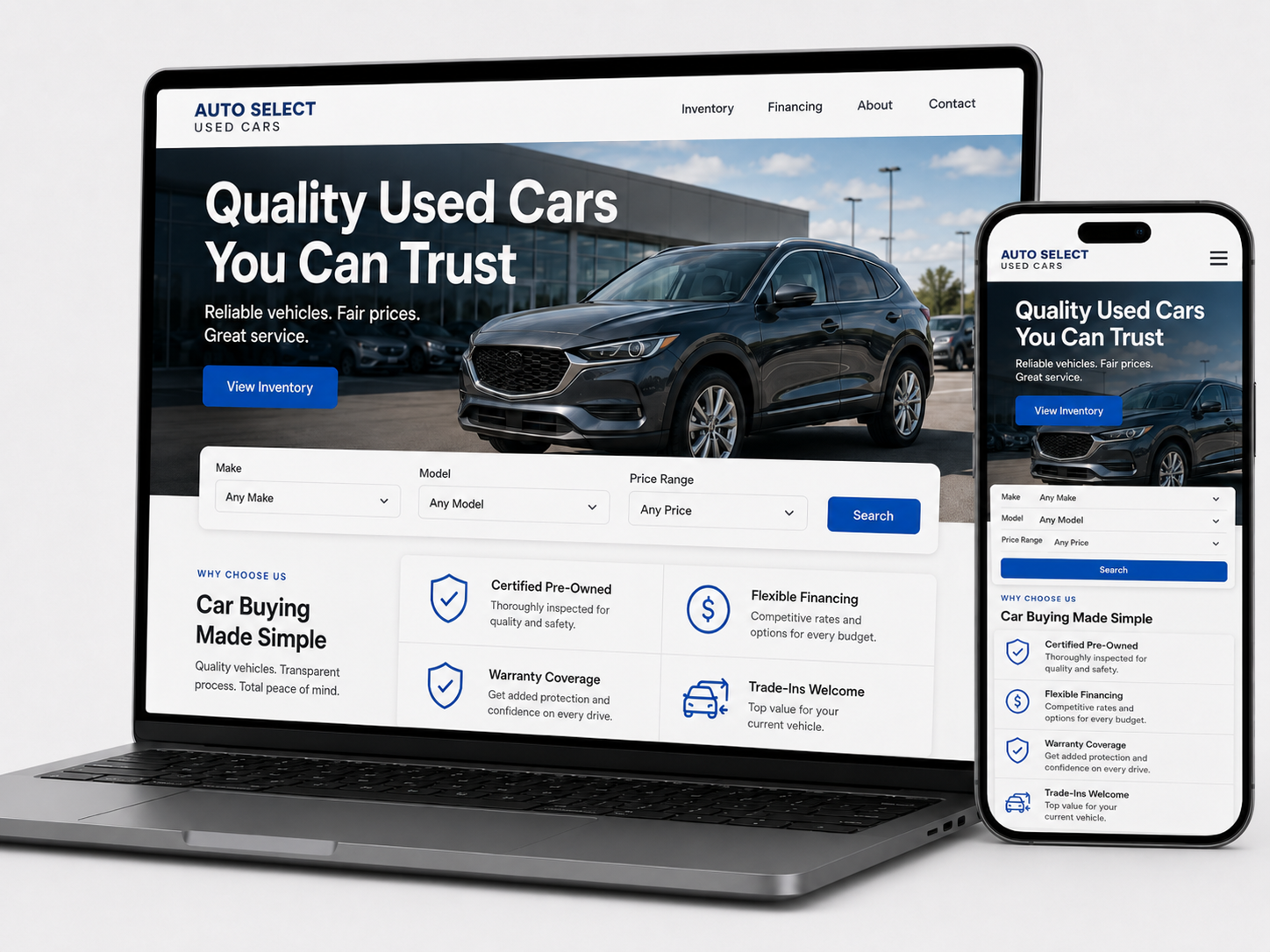 Used car dealership website demo shown on laptop and mobile devices