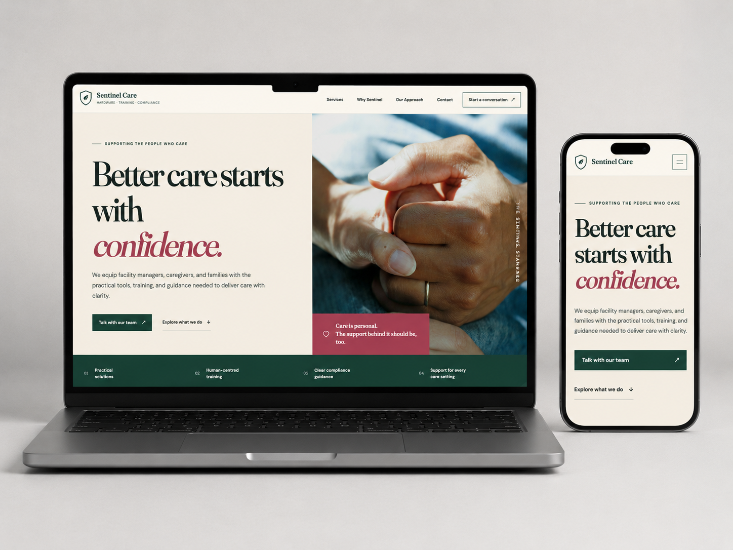 Healthcare support website demo shown on laptop and mobile devices