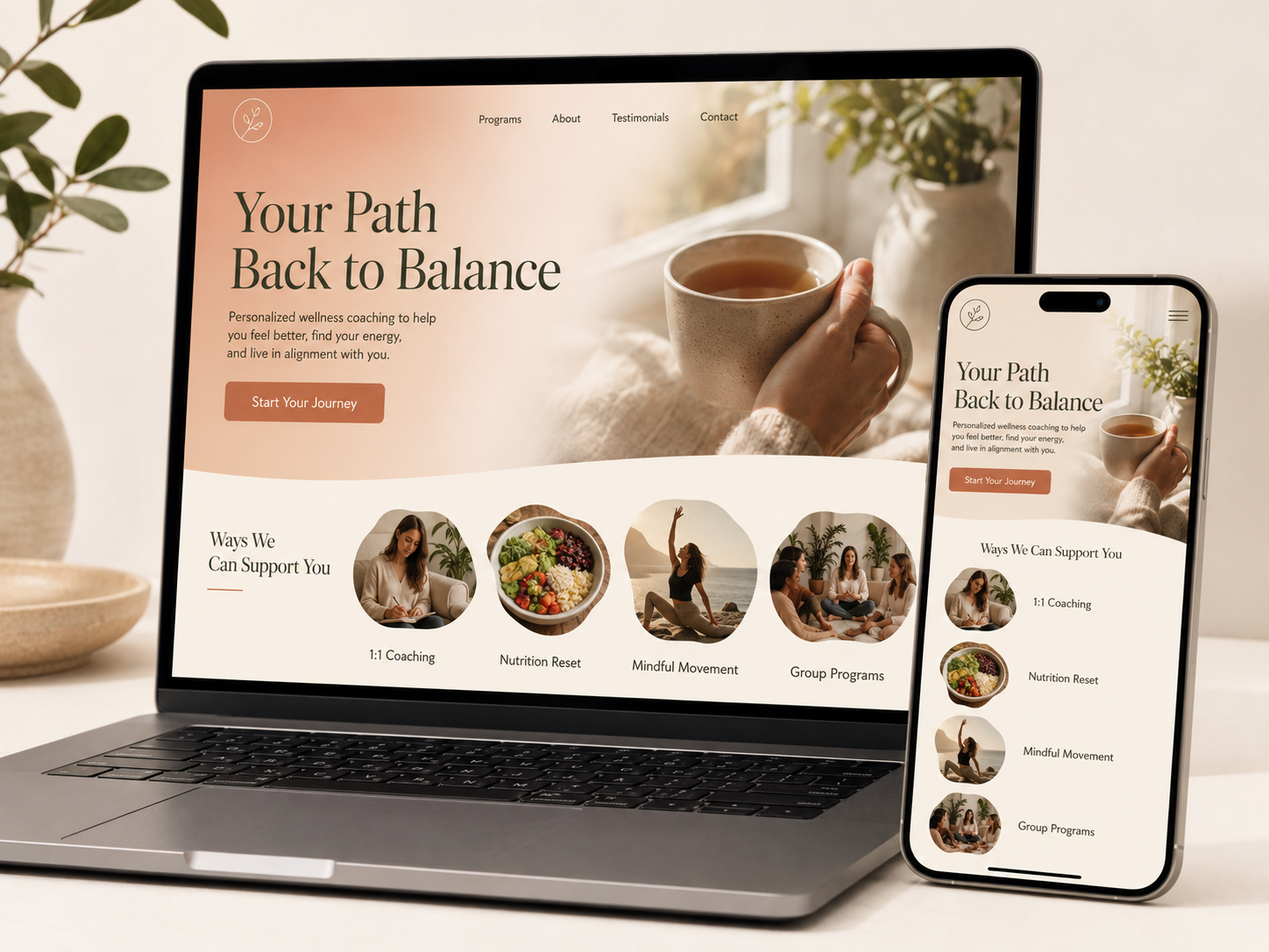 Wellness coaching website demo shown on laptop and mobile devices