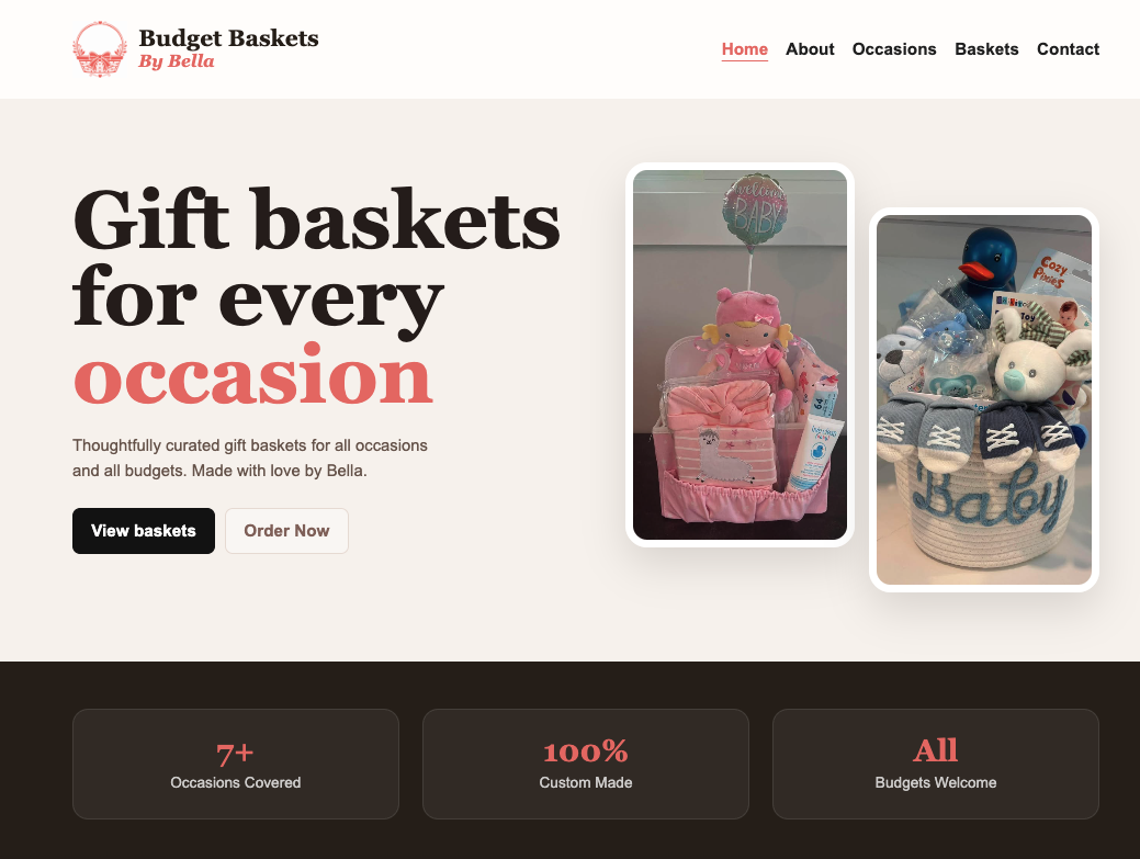Desktop screenshot of the Budget Baskets by Bella website demo
