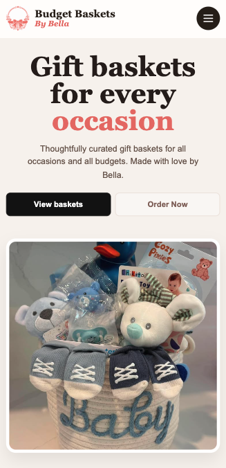 Mobile screenshot of the Budget Baskets by Bella website demo