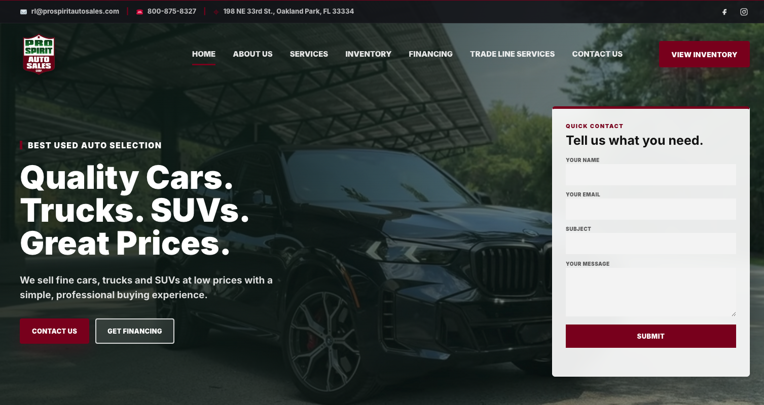 Desktop screenshot of the Pro Spirit Auto Sales website