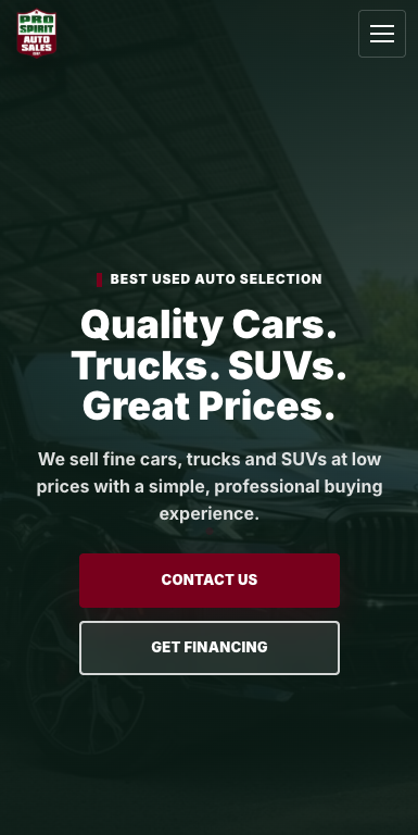 Mobile screenshot of the Pro Spirit Auto Sales website